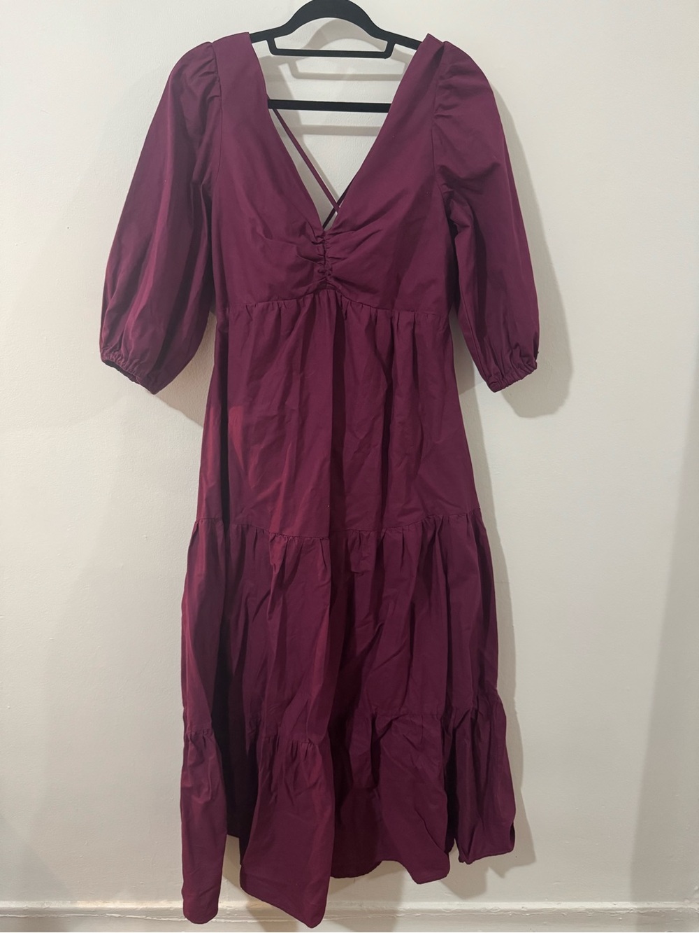 Women's Burgundy V-Neck Tiered Midi Dress